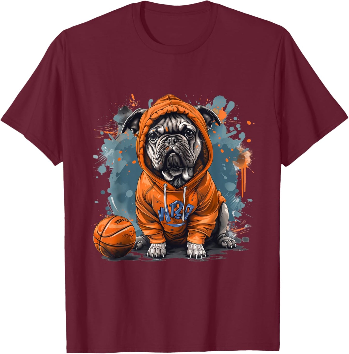 Cute French Bulldog Basketball Cool Dog Sports Orange Blue T-Shirt - T-Shirt | Maroon