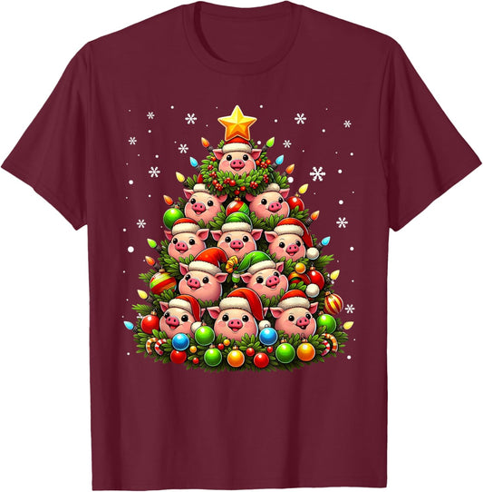 Ugly Christmas Sweater Day Funny Pig Christmas Tree Xmas T-Shirt - T-Shirt | Maroon