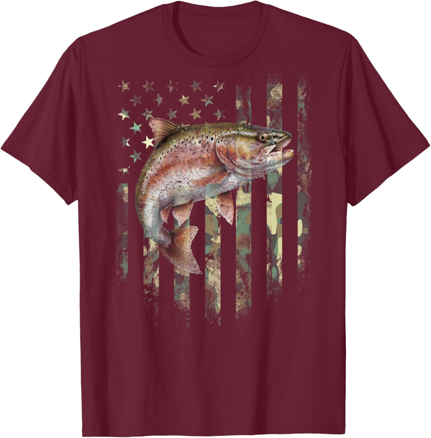 (Art on Back) Camo American Flag Trout Fish Fishing T-Shirt - T-Shirt | Maroon