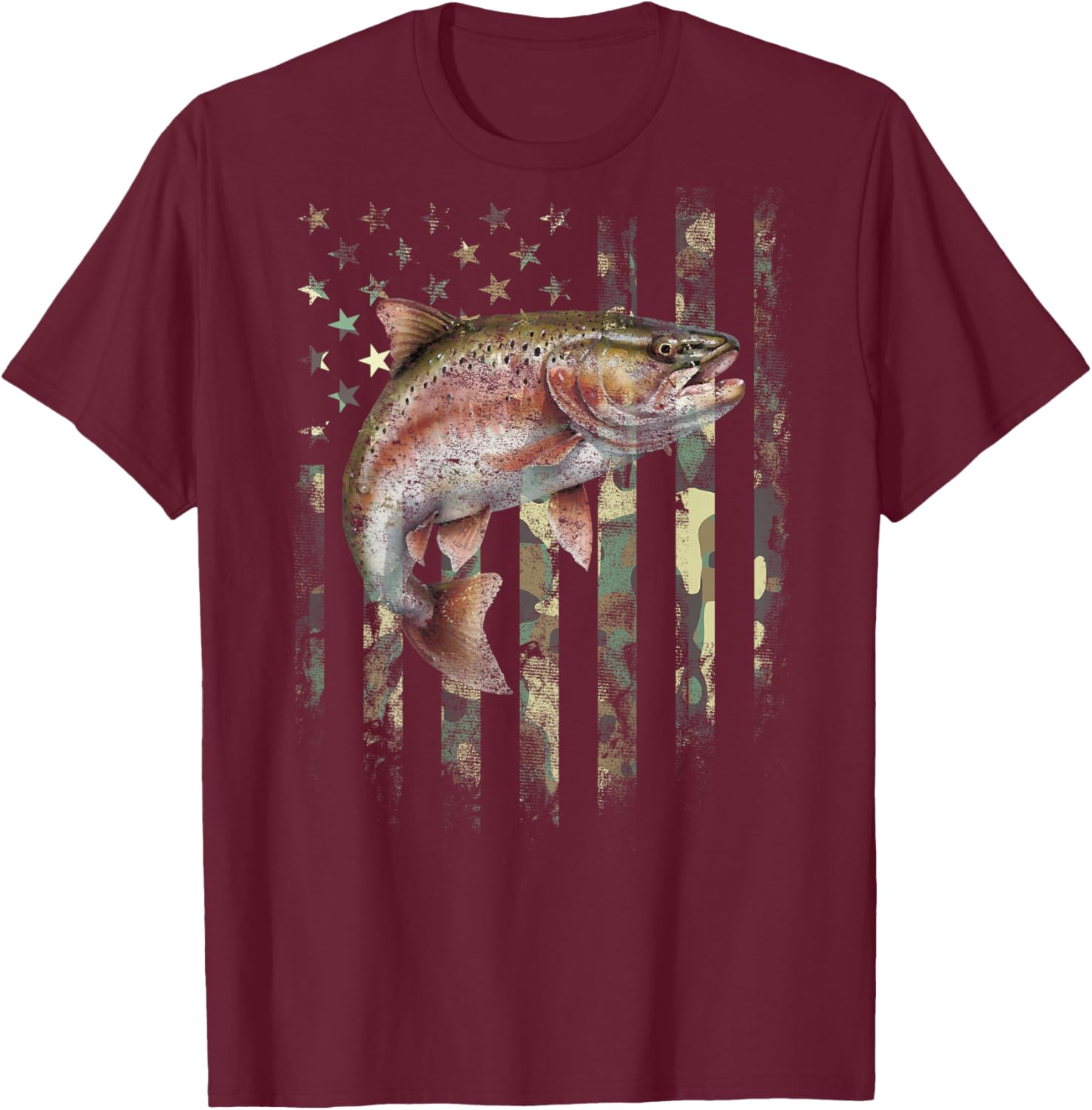 (Art on Back) Camo American Flag Trout Fish Fishing T-Shirt - T-Shirt | Maroon