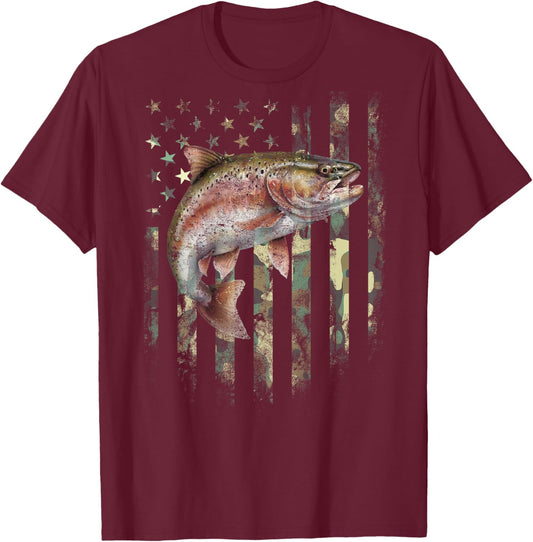(Art on Back) Camo American Flag Trout Fish Fishing T-Shirt - T-Shirt | Maroon