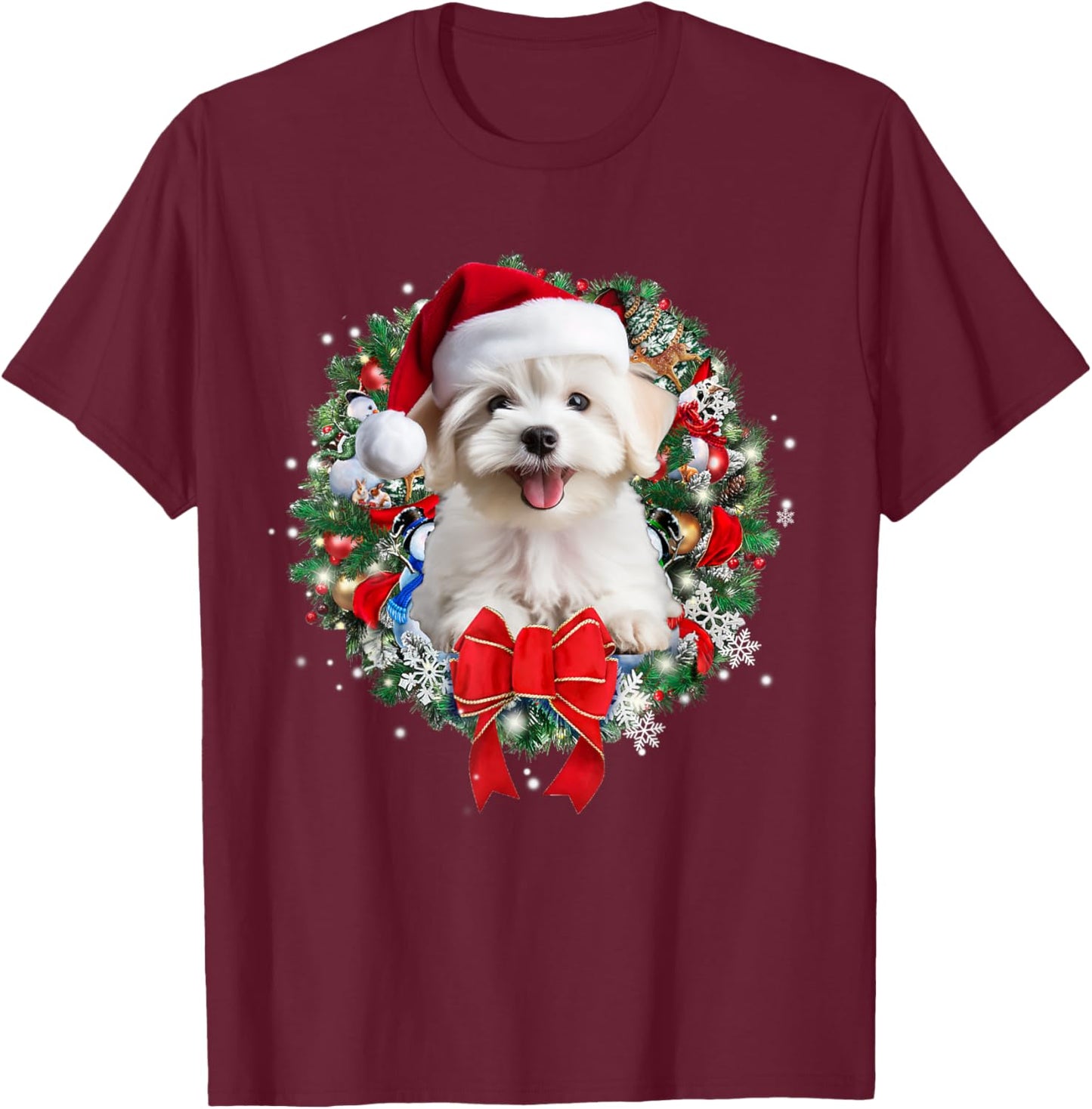 Maltese Christmas Wreath Decoration Xmas Pajamas T-Shirt - T-Shirt | Maroon