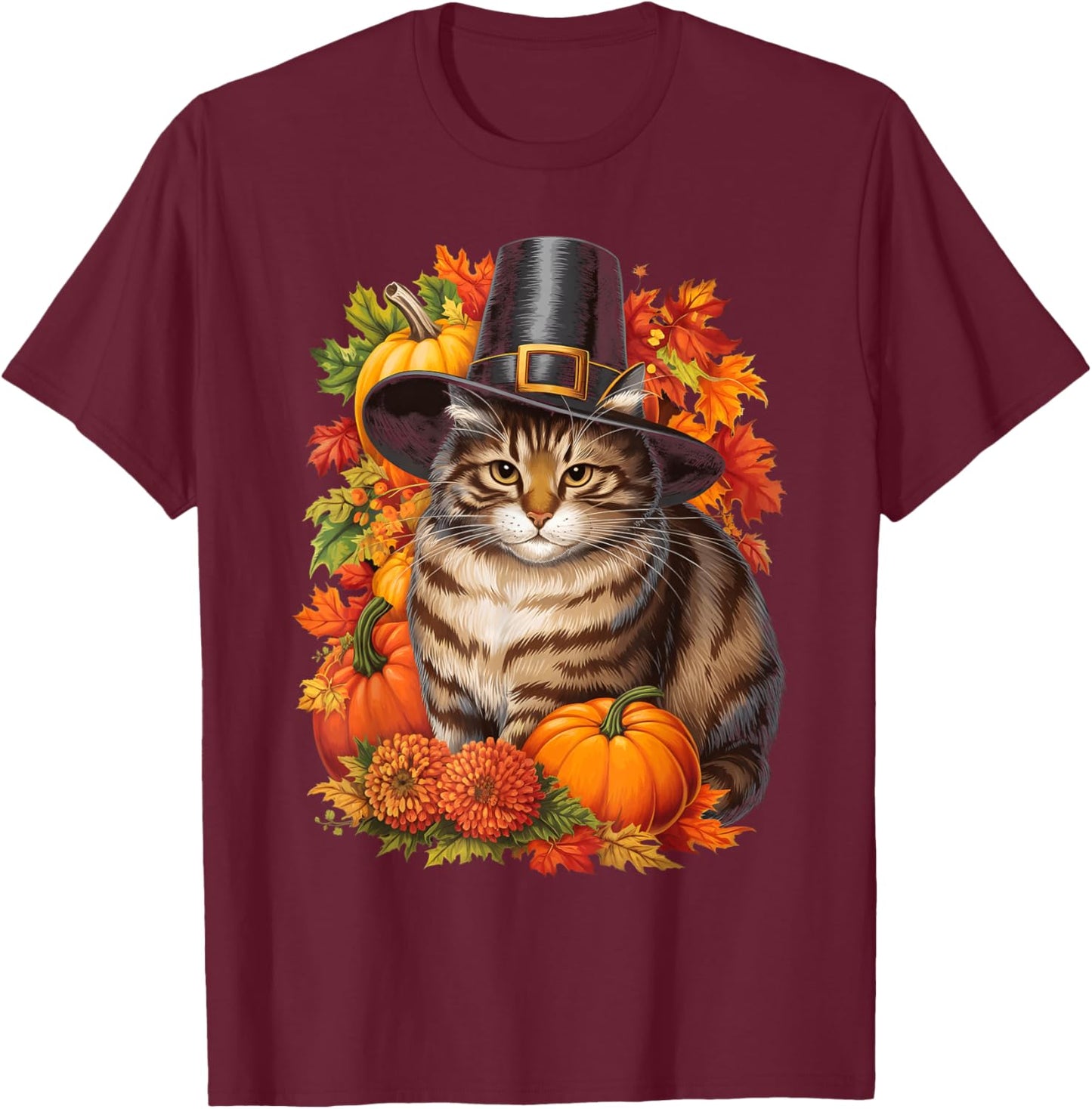 Thanksgiving Pilgrim Cat Lover Autumn Leaves Men Women Kids T-Shirt - T-Shirt | Maroon