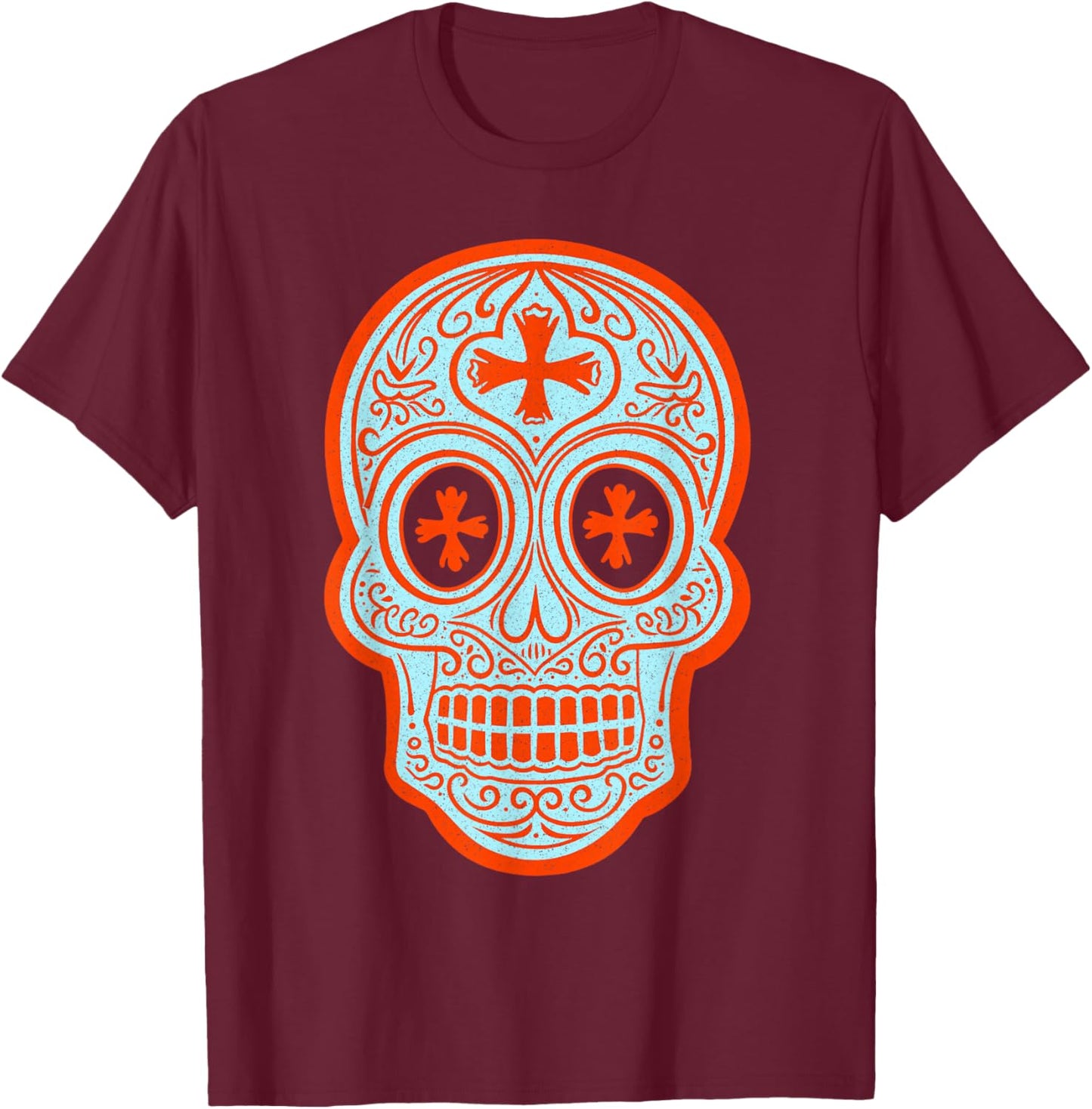 Vintage Calavera Sugar Skull Orange and Blue Design T-Shirt - T-Shirt | Maroon
