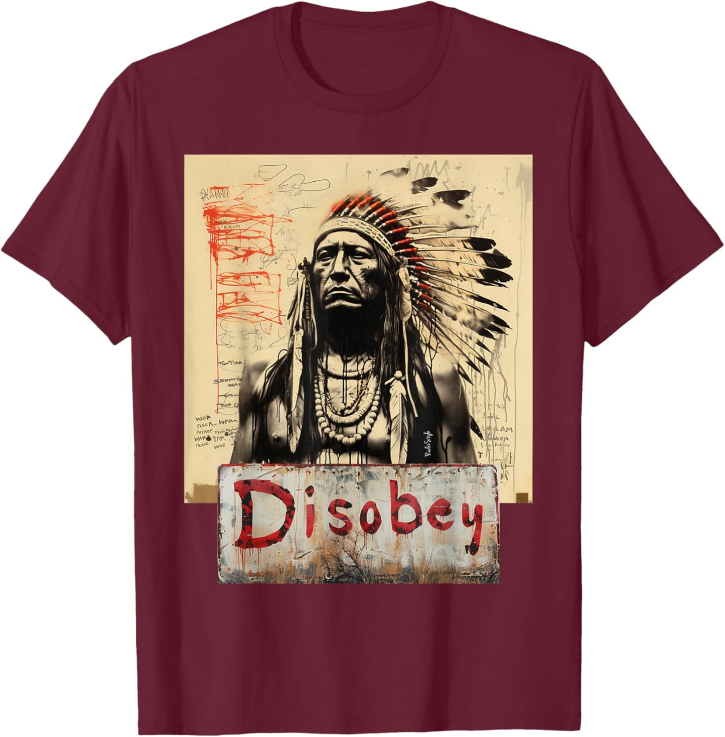 DISOBEY Adults , Black, Small, Short Sleeve, Tribal Cartoon, , Classic Fit, Imported T-Shirt - T-Shirt | Maroon