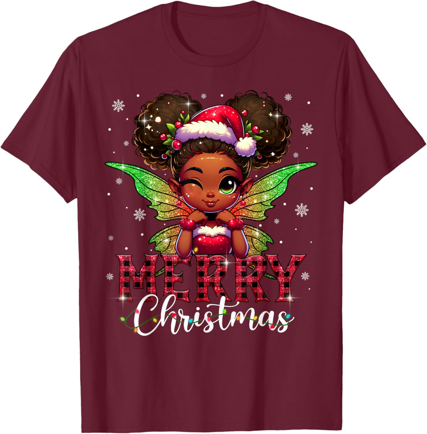 African American Merry Christmas Cute Black Girl Kids T-Shirt - T-Shirt | Maroon