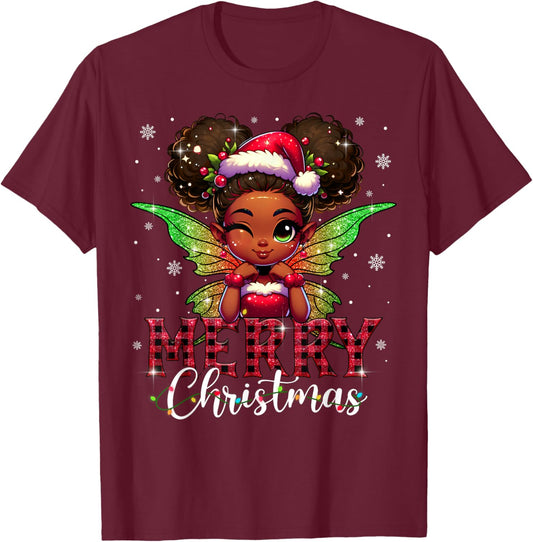 African American Merry Christmas Cute Black Girl Kids T-Shirt - T-Shirt | Maroon