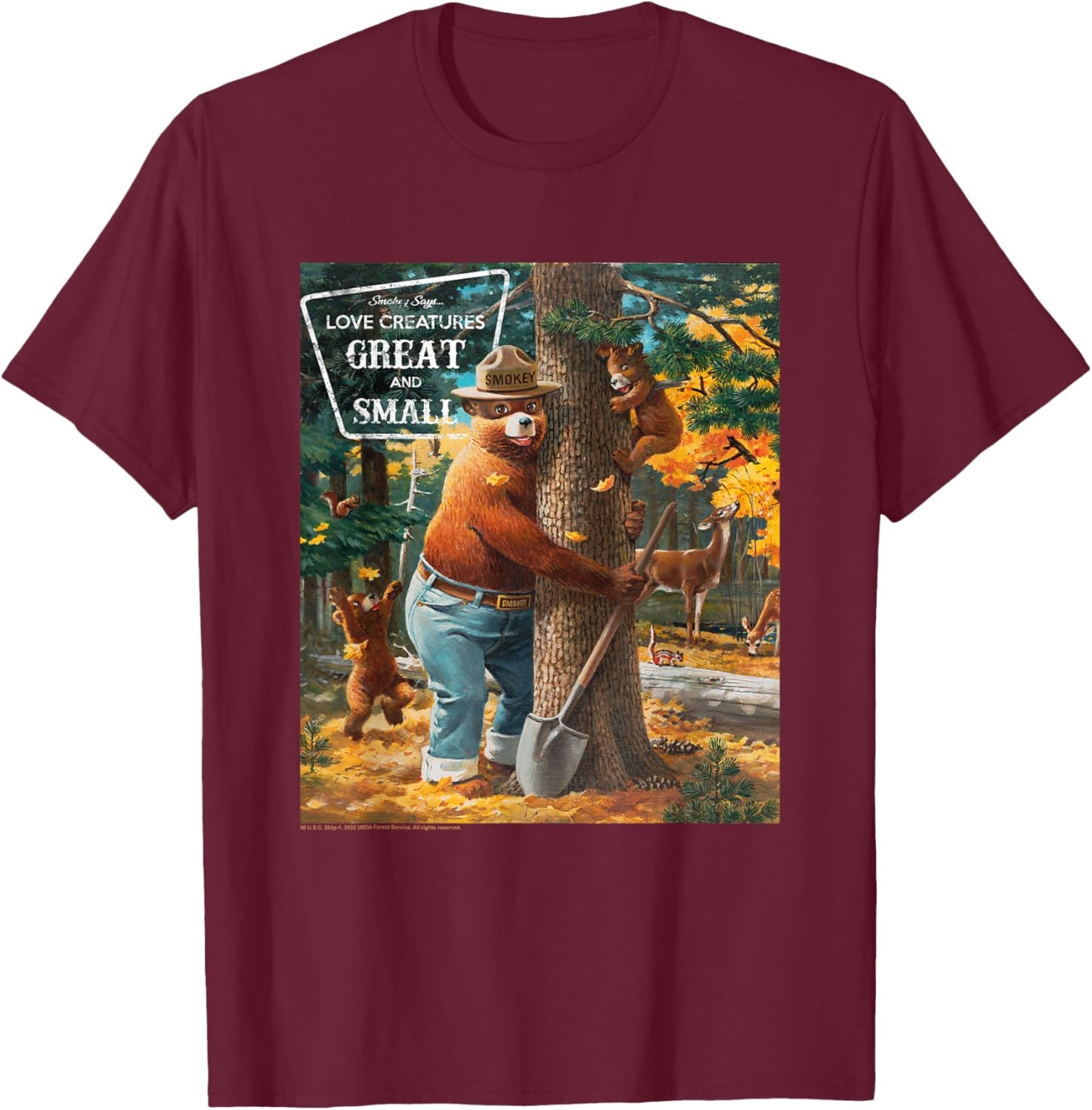 Smokey Bear Love Creatures Great And Small Tree Hug T-Shirt - T-Shirt | Maroon