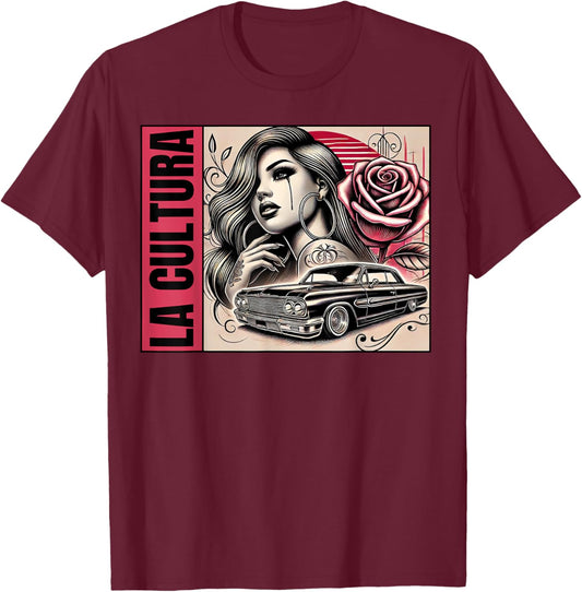 Chicano Mexican Culture Lowriders Classic La Cultura Chola T-Shirt - T-Shirt | Maroon