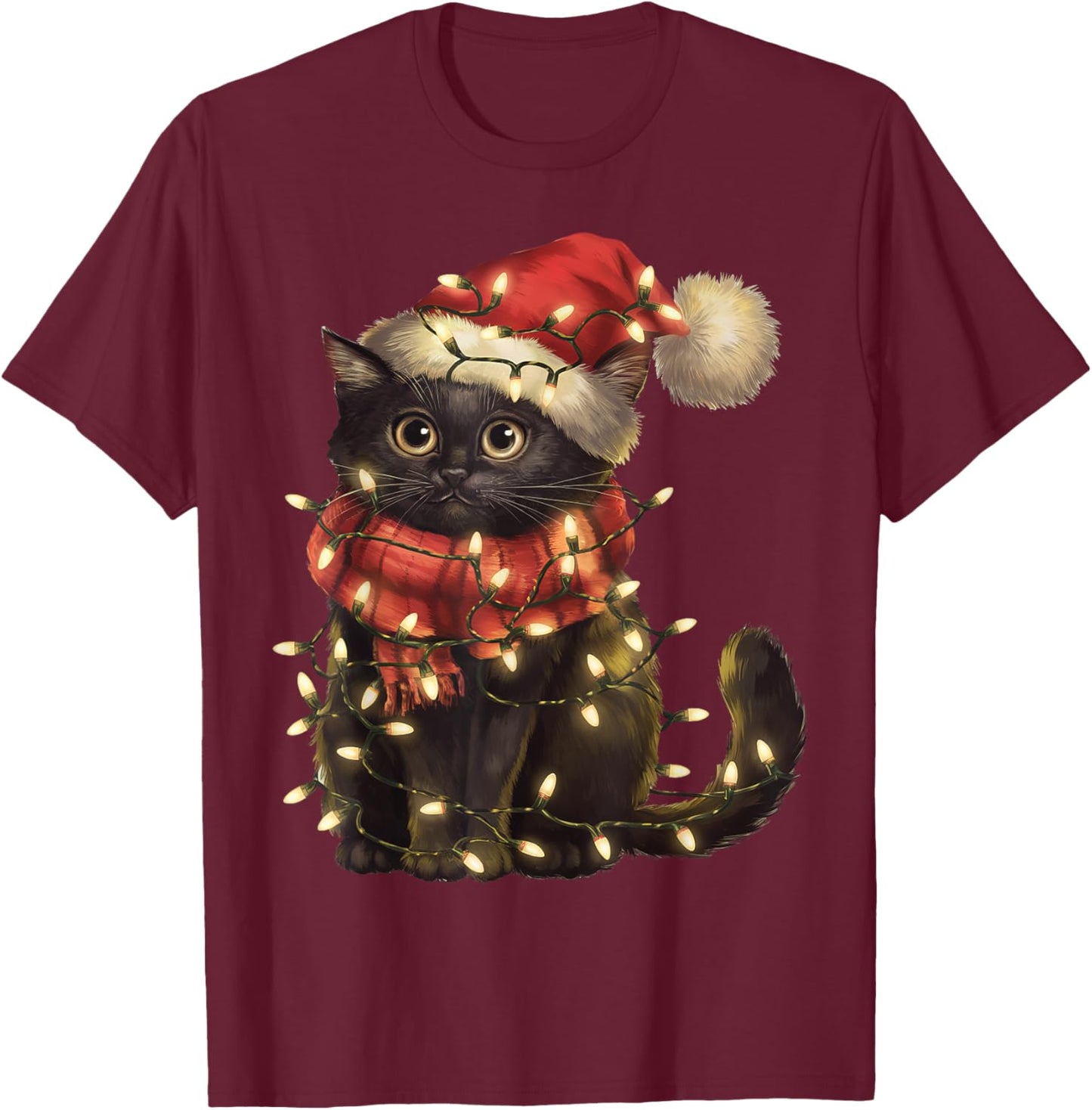 Black Cat Christmas Tree Lights Funny Xmas Men Women Family T-Shirt - T-Shirt | Maroon