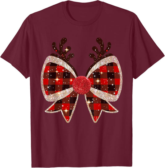 Christmas Coquette Bow Christmas Reindeer Bow Red Plaid Xmas T-Shirt - T-Shirt | Maroon