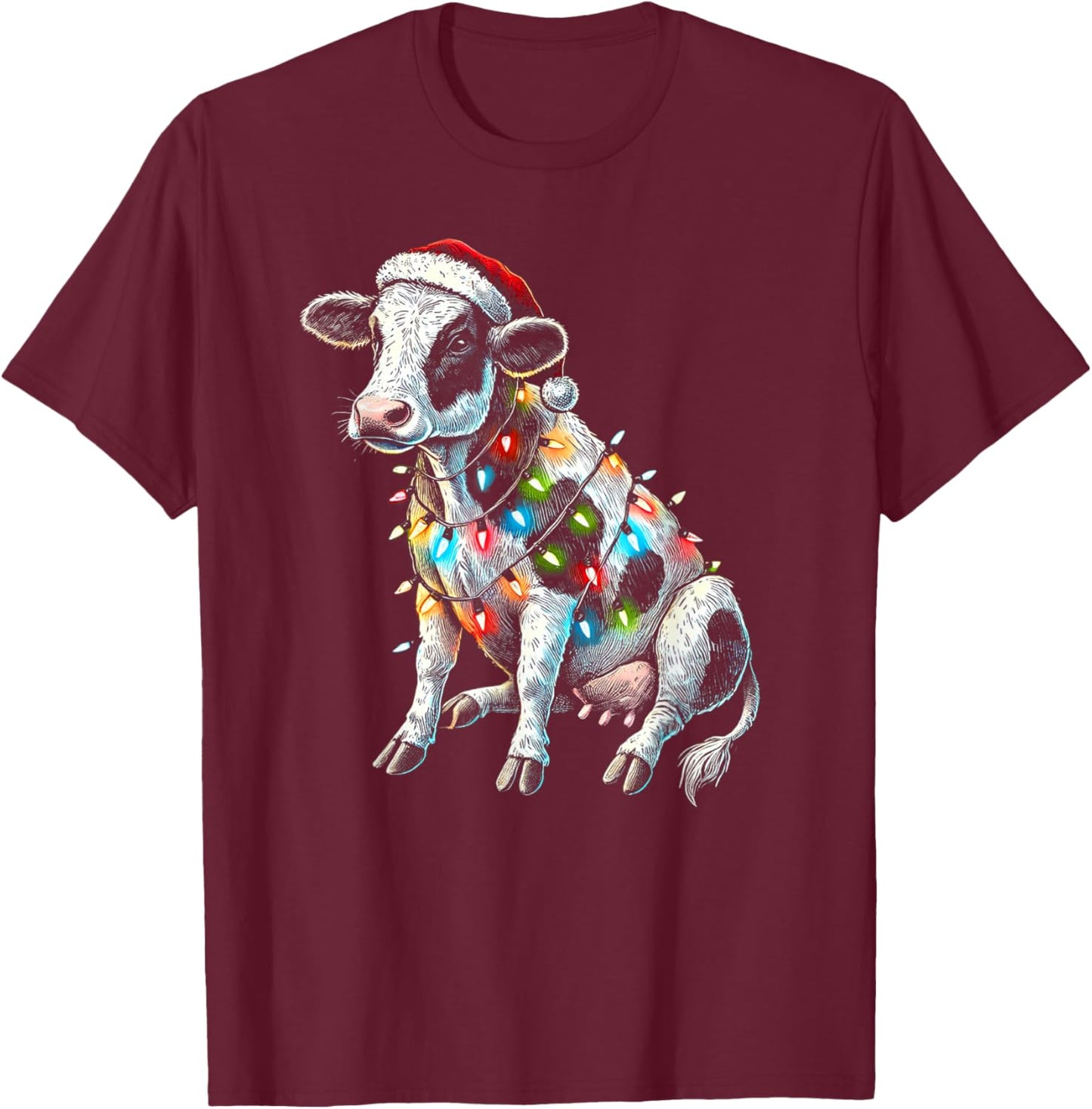 Funny Cow Farmer Small Holding Santa Hat Christmas Lights T-Shirt - T-Shirt | Maroon
