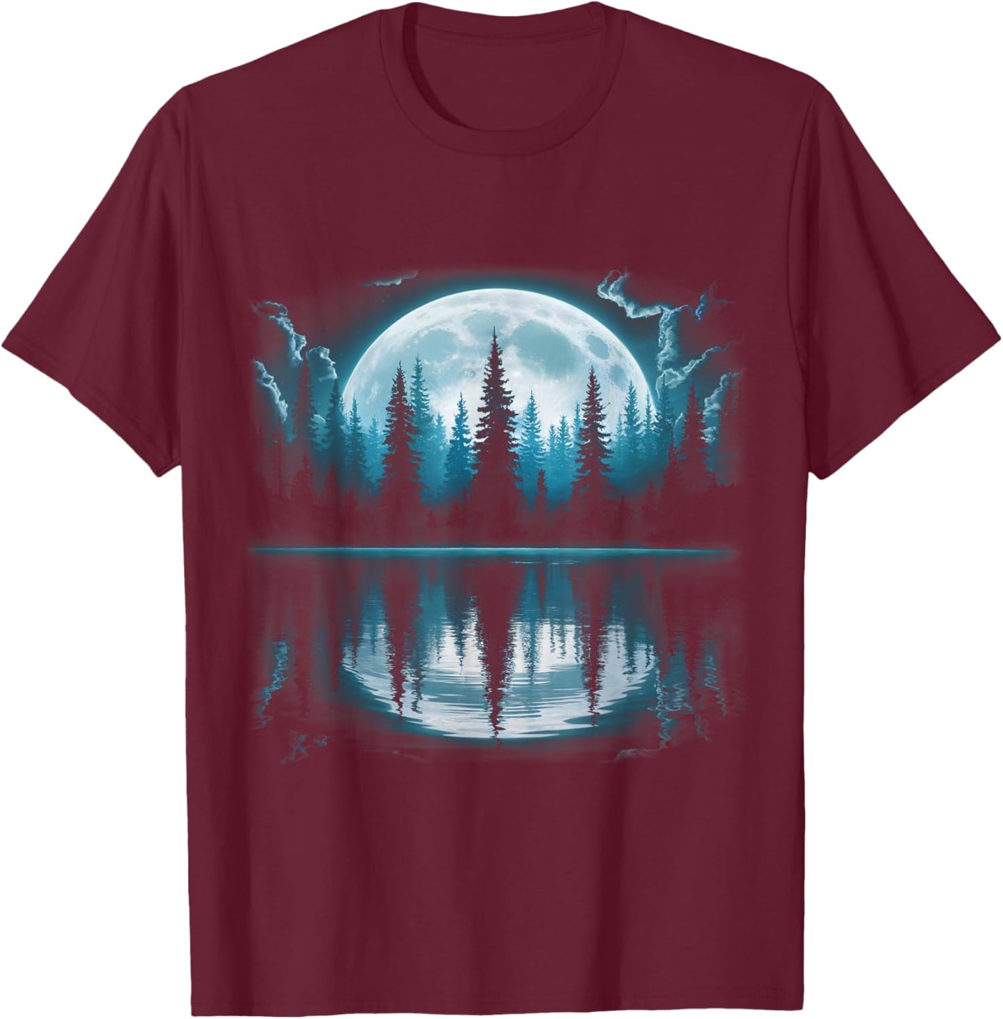 Full Moon Forest Trees Reflection Nature Outdoor Night Art T-Shirt - T-Shirt | Maroon