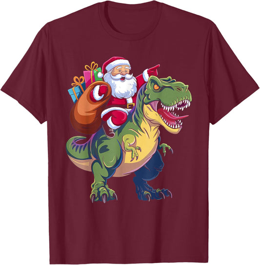 Christmas Santa Riding Dinosaur T-rex Boys Kids Toddler T-Shirt - T-Shirt | Maroon
