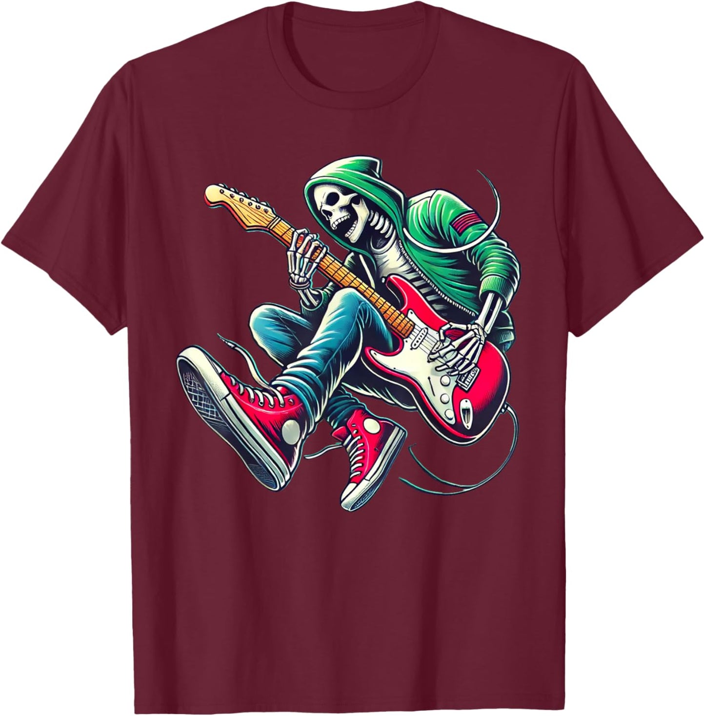 Skeleton Playing Guitar - Rock And Roll Graphic Band T-Shirt - T-Shirt | Maroon