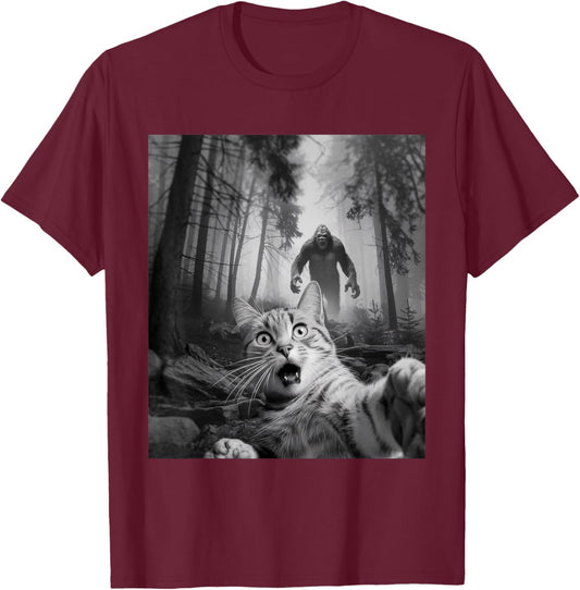 Funny Surprised Scared Cat Selfie With Sasquatsch Bigfoot Women Girls Kids T-Shirt - T-Shirt | Maroon