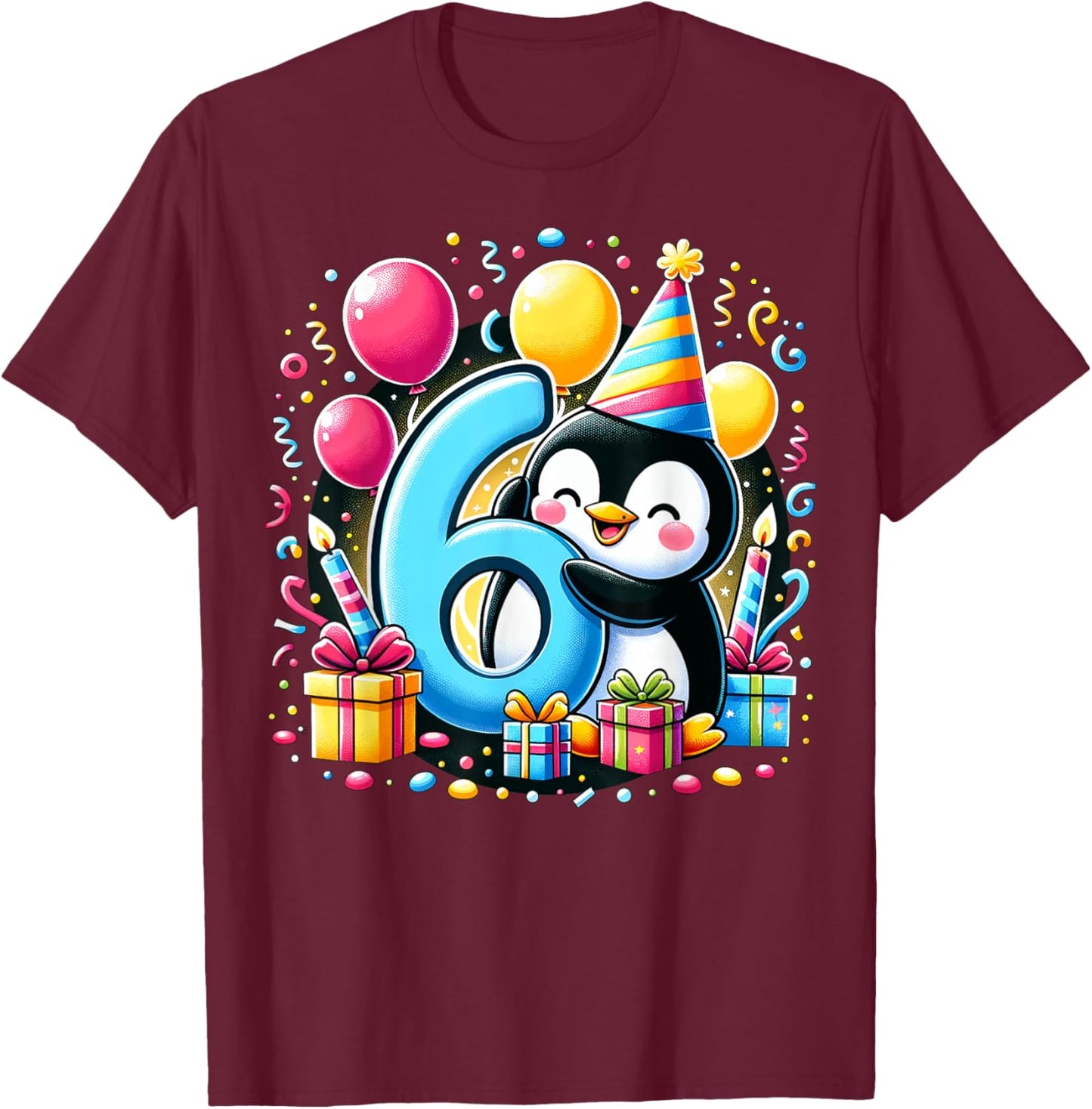 Kids Penguin Theme sixth Bday Party 6th Penguin Birthday T-Shirt - T-Shirt | Maroon