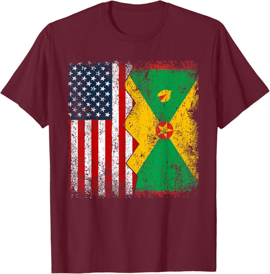 Grenadian Roots | Half American Flag | America Grenada Flags T-Shirt - T-Shirt | Maroon