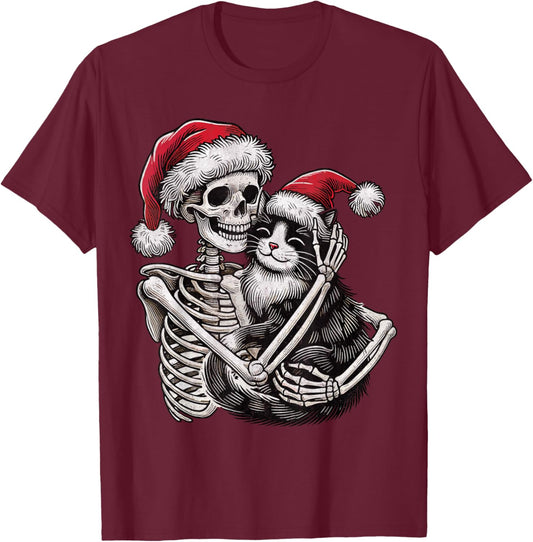 Skeleton Hugging Cat christmas Cat Lover Cat Mom Dad T-Shirt - T-Shirt | Maroon