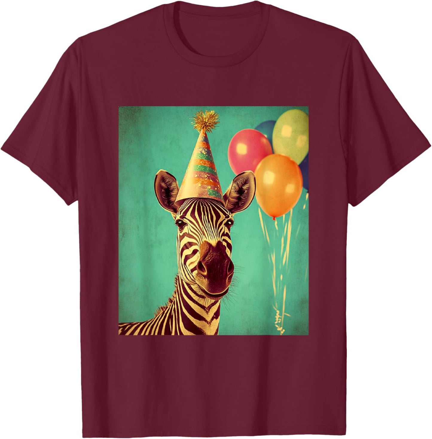Zebra Retro Art Print Birthday Party Balloons & Party Hat T-Shirt - T-Shirt | Maroon