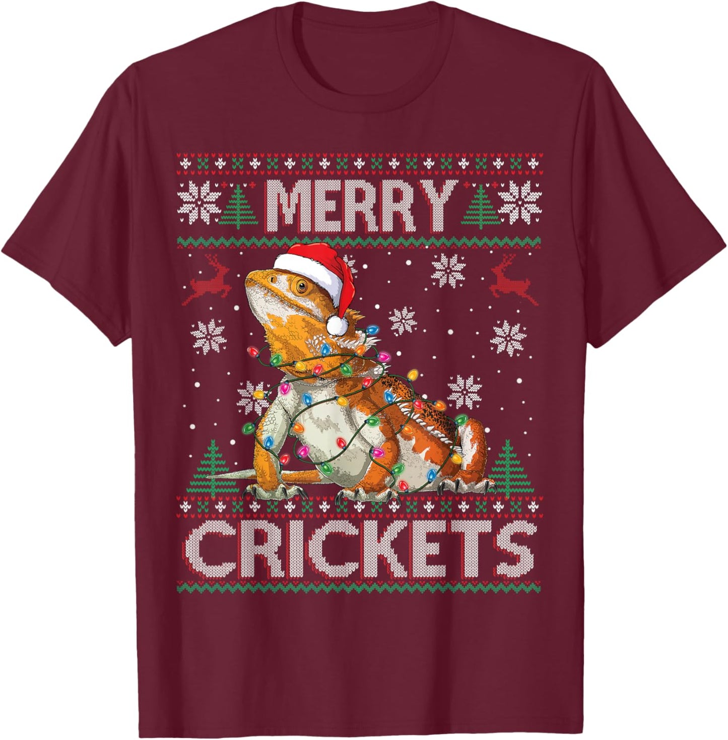 Merry Crickets Bearded Dragon Ugly Sweater Christmas Pajama T-Shirt - T-Shirt | Maroon