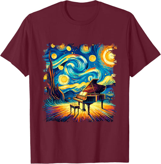 Classical Piano Starry Night Shirt Van Gogh Painting Pianist T-Shirt - T-Shirt | Maroon