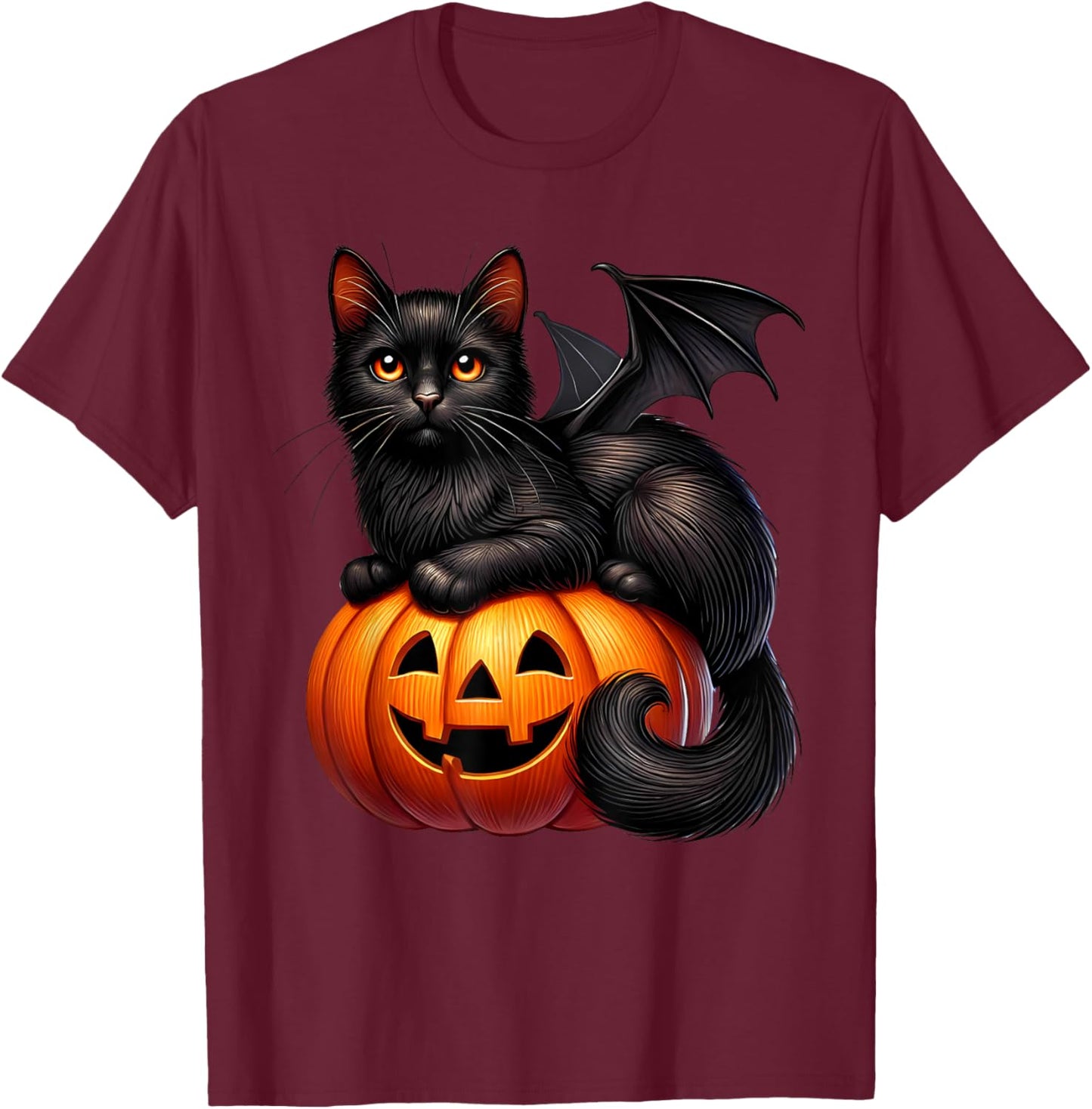Black Cat With Bat Wings Jack O Lantern Pumpkin Kitty Spooky Women Kids T-Shirt - T-Shirt | Maroon