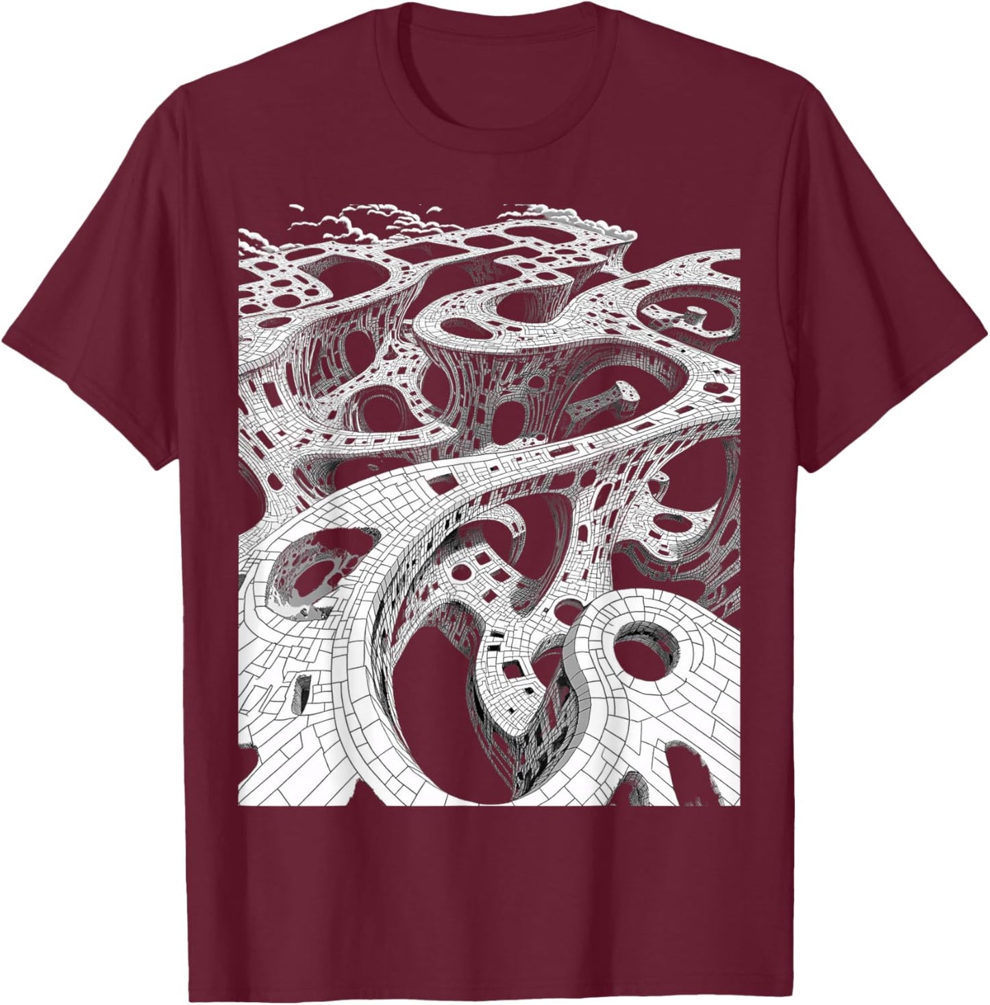 Surreal Black White Abstract Optical Illusion T-Shirt - T-Shirt | Maroon