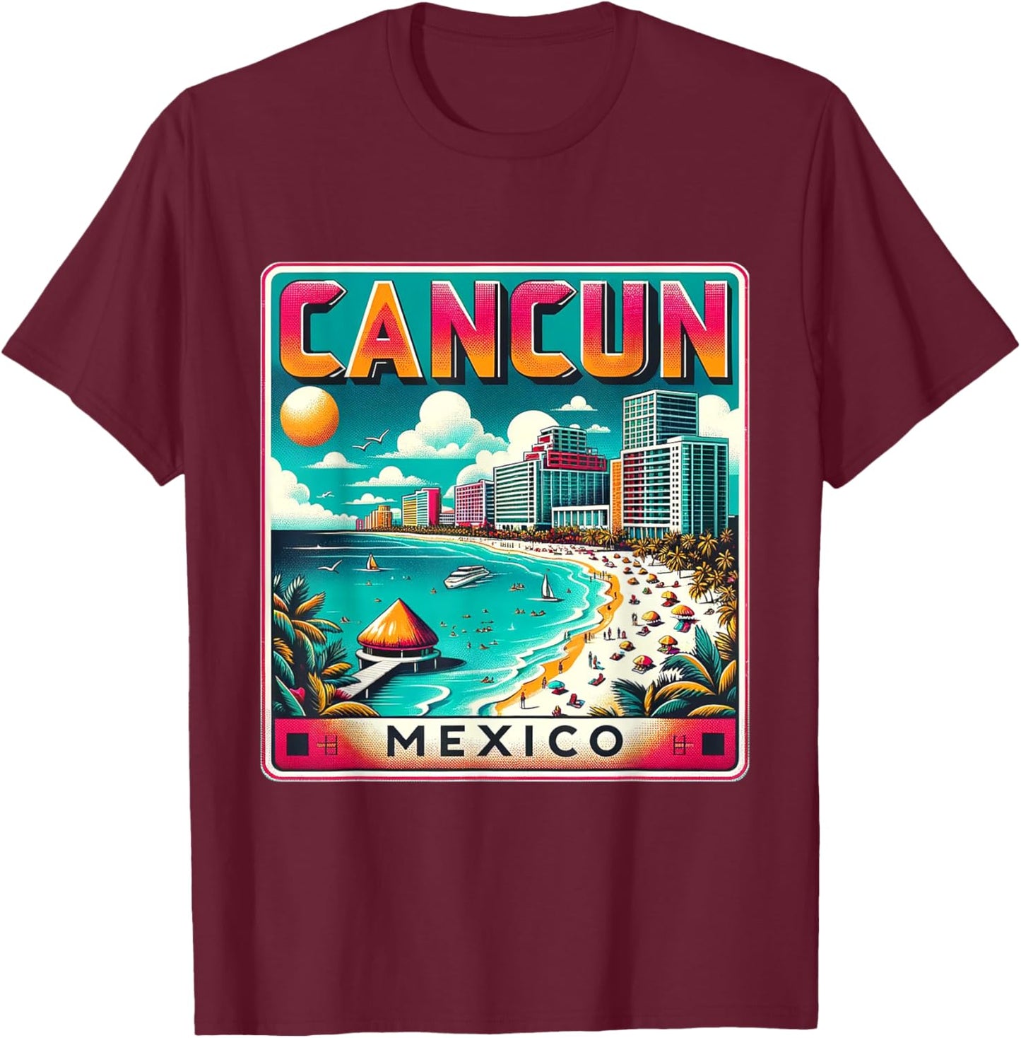 Cancun Mexico Shirt Family Trip Beach Vacation Retro City T-Shirt - T-Shirt | Maroon