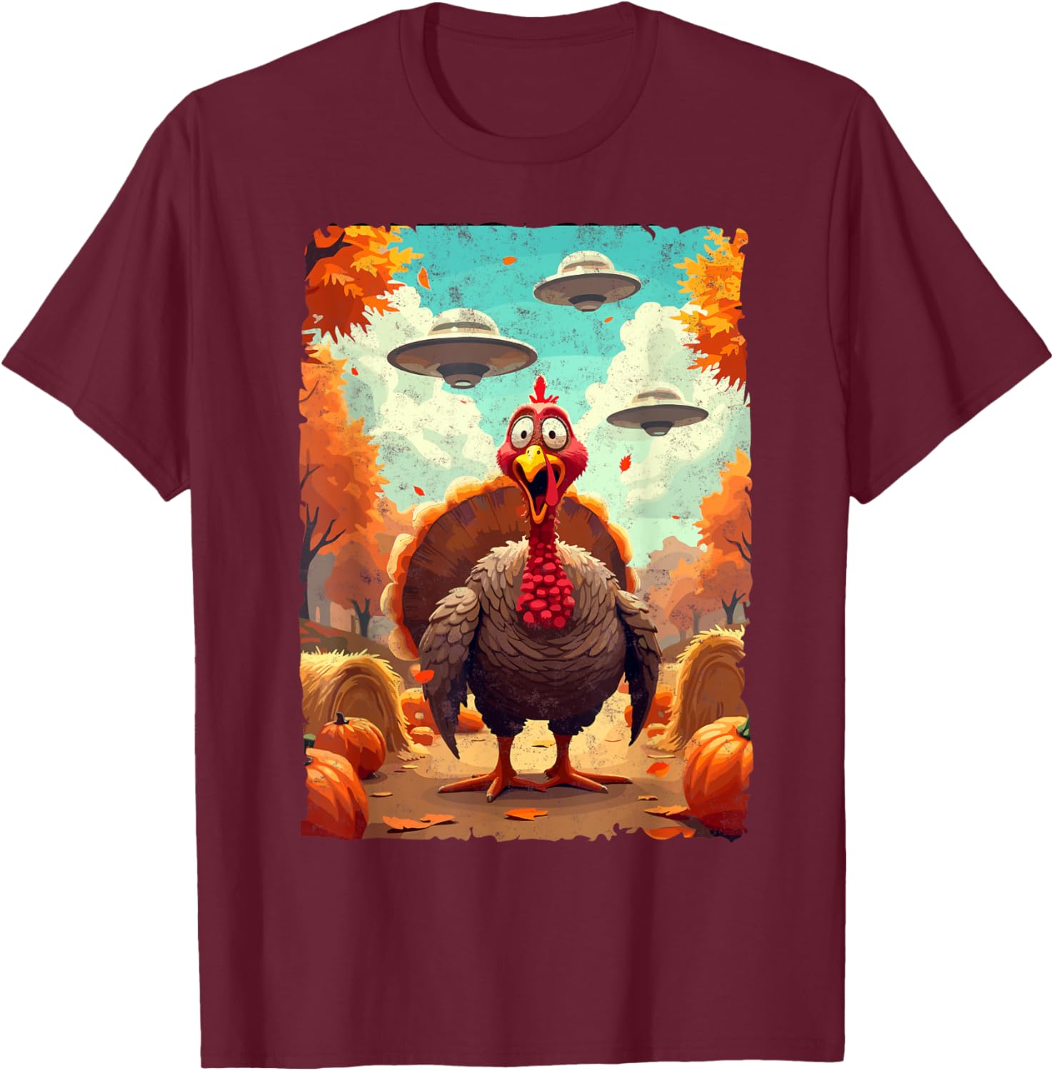 Autumn Fall Season Funny Turkey & UFO Thanksgiving Day Alien Believer T-Shirt - T-Shirt | Maroon