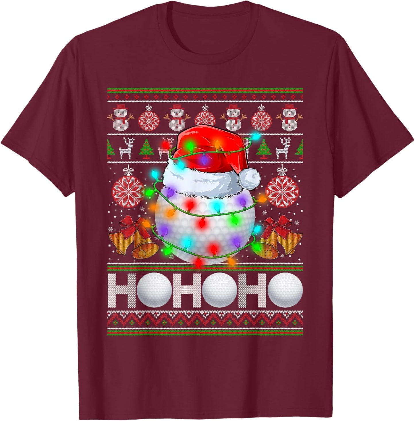 Santa Claus Golf Ball Xmas Tree Light Ugly Christmas Sweater T-Shirt - T-Shirt | Maroon