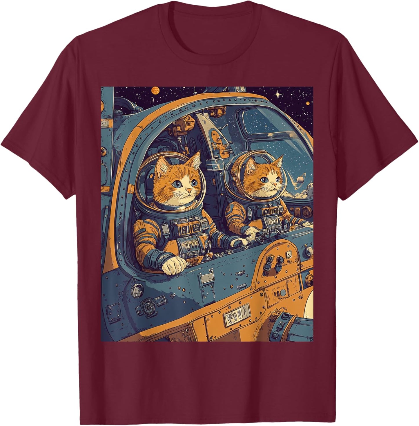 Two Cats Astronauts in Spacecraft T-Shirt - T-Shirt | Maroon