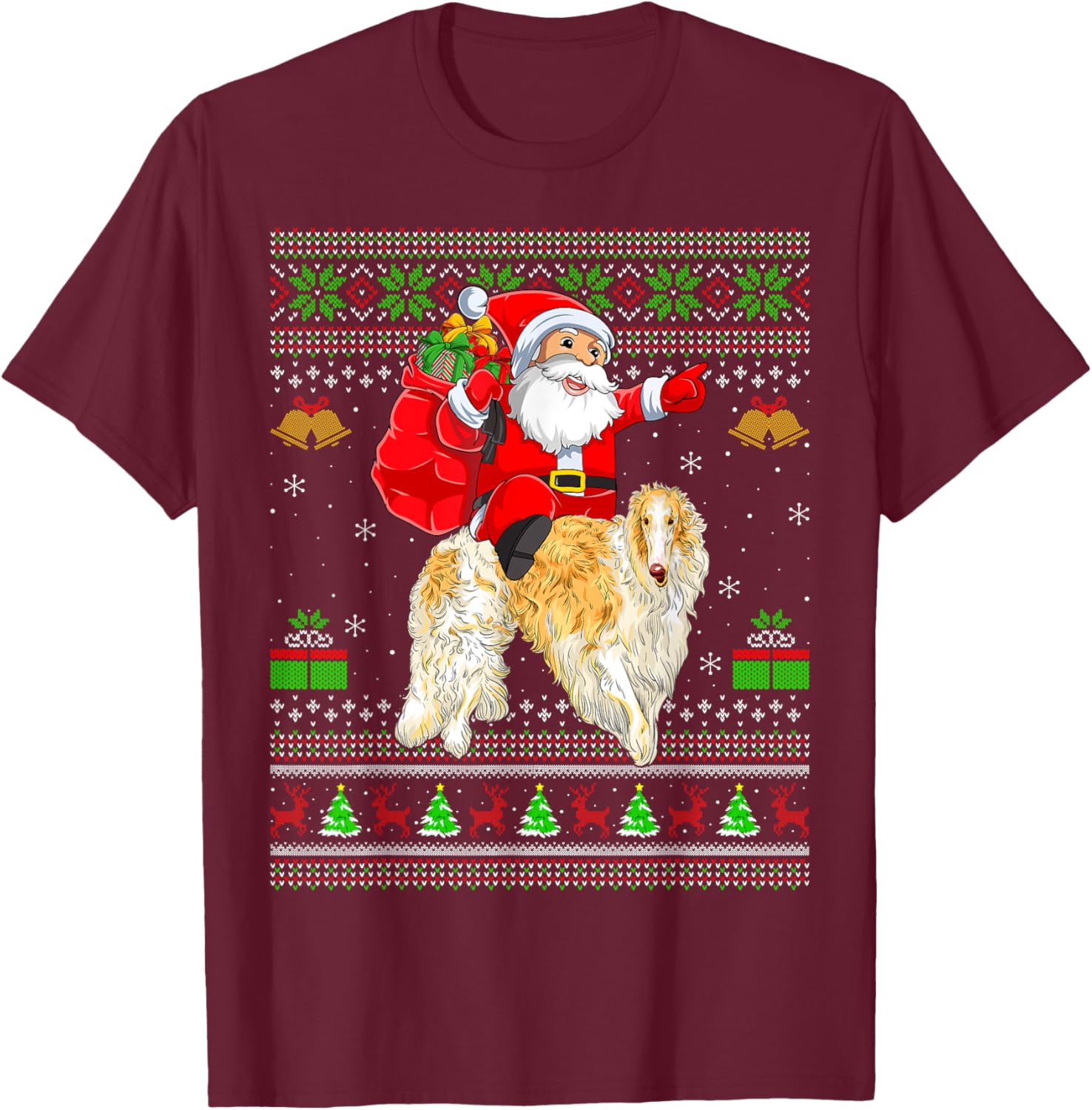 Ugly Xmas Sweater Funny Santa Riding Borzoi Dog Christmas T-Shirt - T-Shirt | Maroon