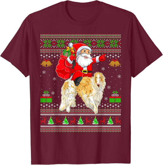 Ugly Xmas Sweater Funny Santa Riding Borzoi Dog Christmas T-Shirt - T-Shirt | Maroon