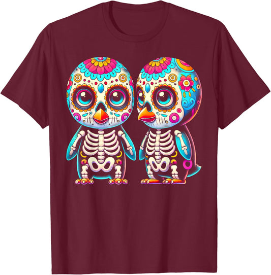 Adorable Día de Muertos Sugar Skull Penguin Day of the Dead T-Shirt - T-Shirt | Maroon