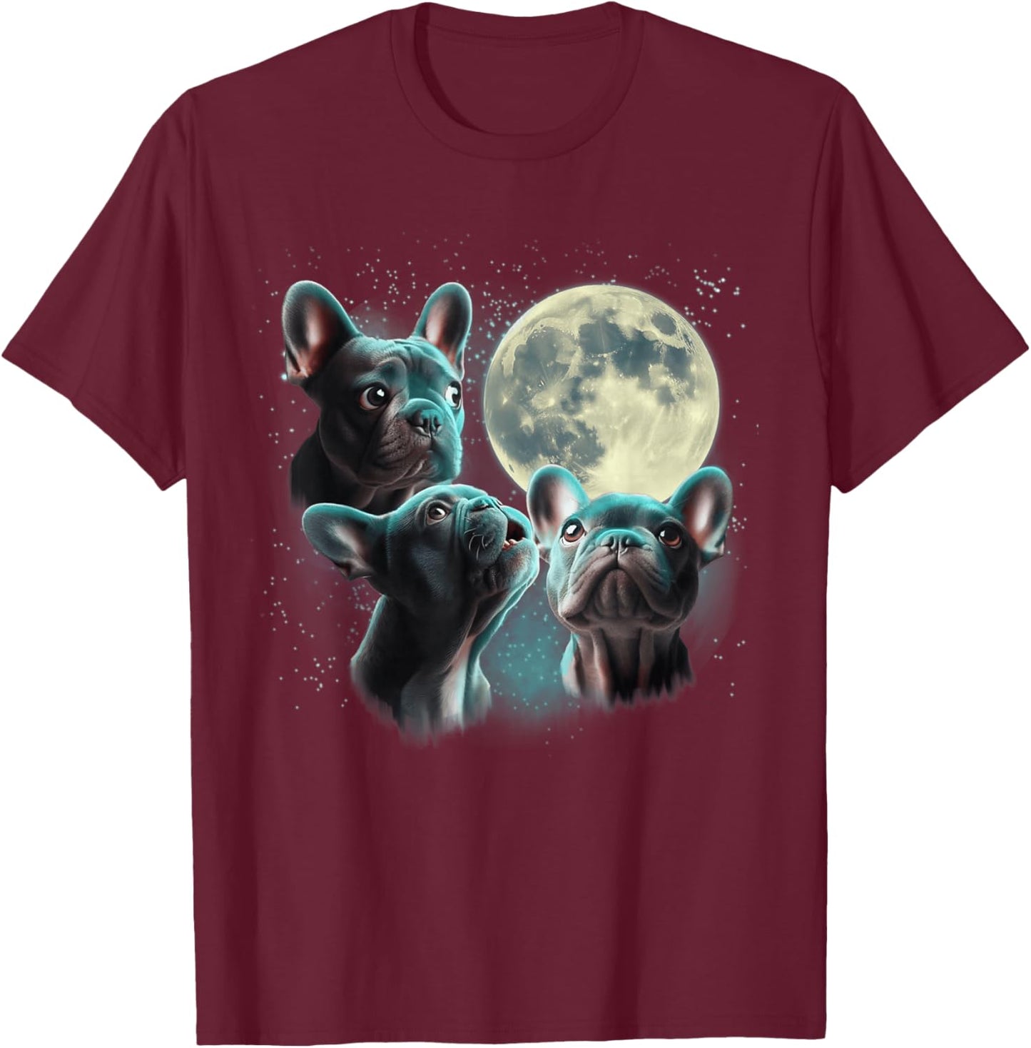 Funny Three French Bulldog Moon, 3 Frenchie Blue, Weird Cute T-Shirt - T-Shirt | Maroon