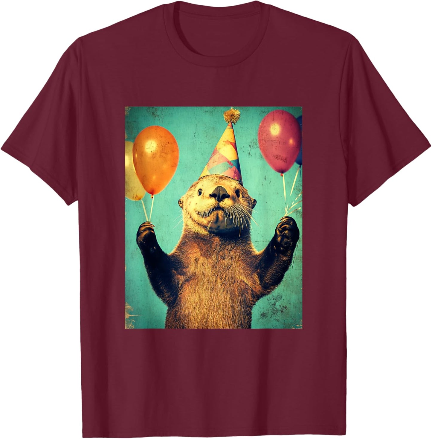 Sea Otter Retro Art Print Birthday Party Balloons & Hat T-Shirt - T-Shirt | Maroon