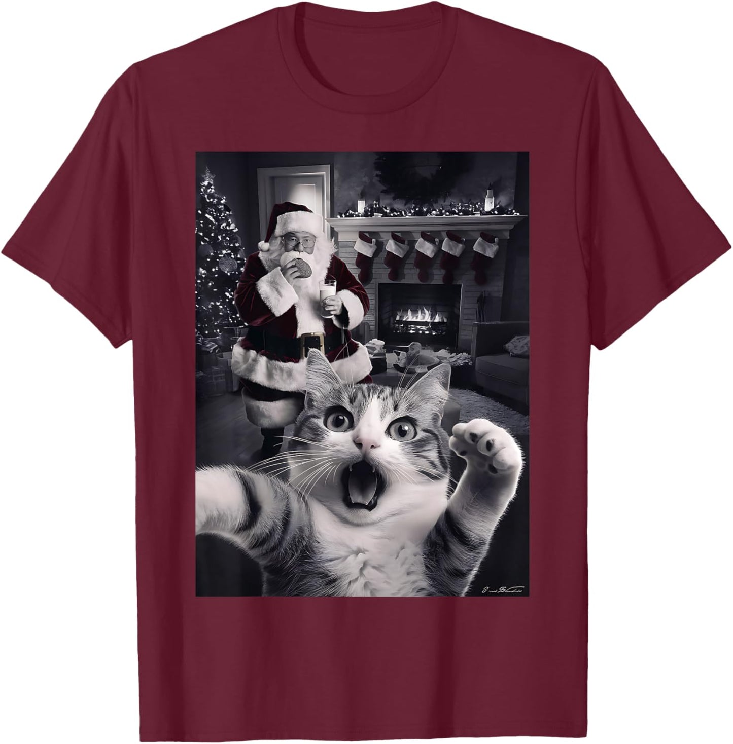 Funny Cat Selfie With Santa Christmas T-Shirt - T-Shirt | Maroon