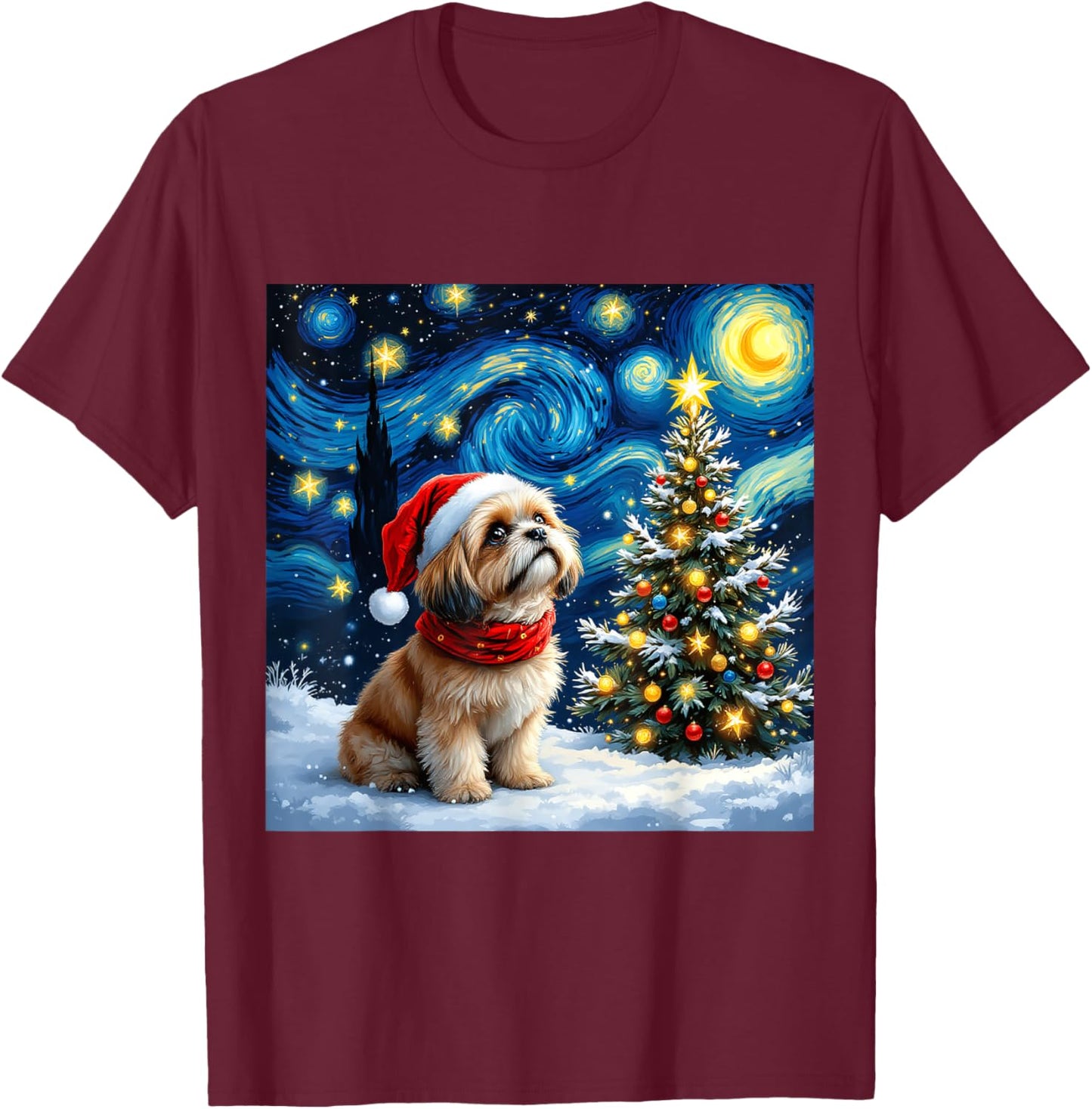 Shih Tzu Starry Night Christmas Van Gogh Dog Santa Hat T-Shirt - T-Shirt | Maroon