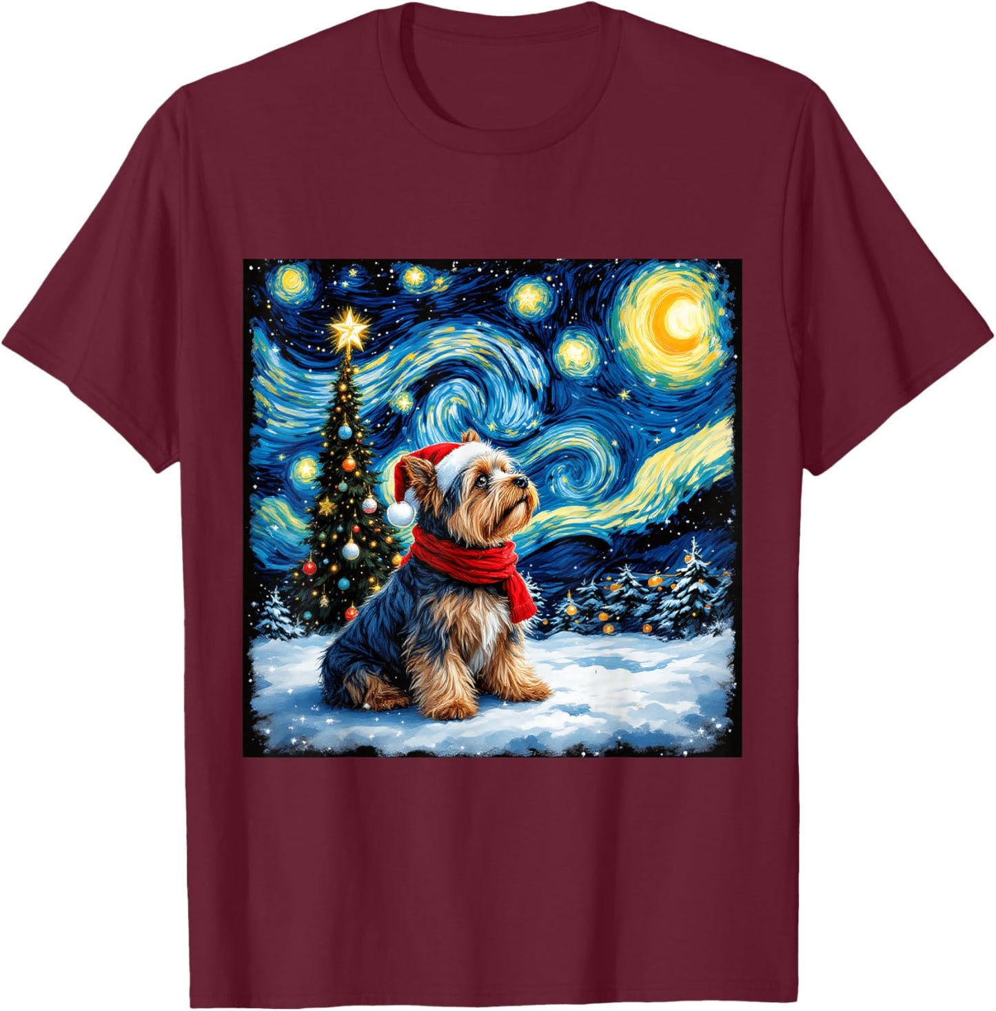 Yorkshire Terrier Starry Night Christmas Van Gogh Dog Santa T-Shirt - T-Shirt | Maroon
