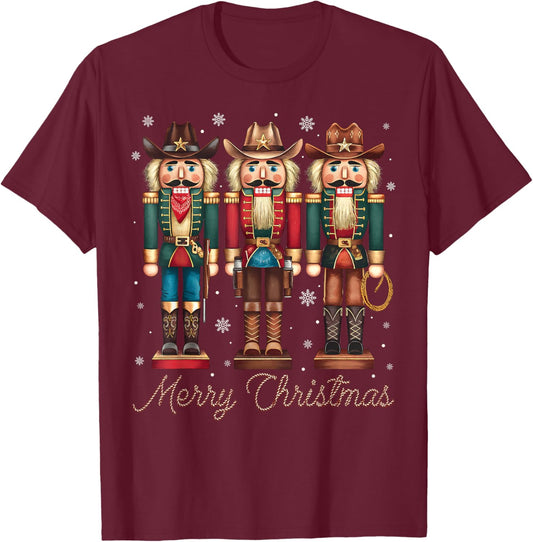 Howdy Nutcracker Merry Christmas Western Cowboy Cowgirl T-Shirt - T-Shirt | Maroon