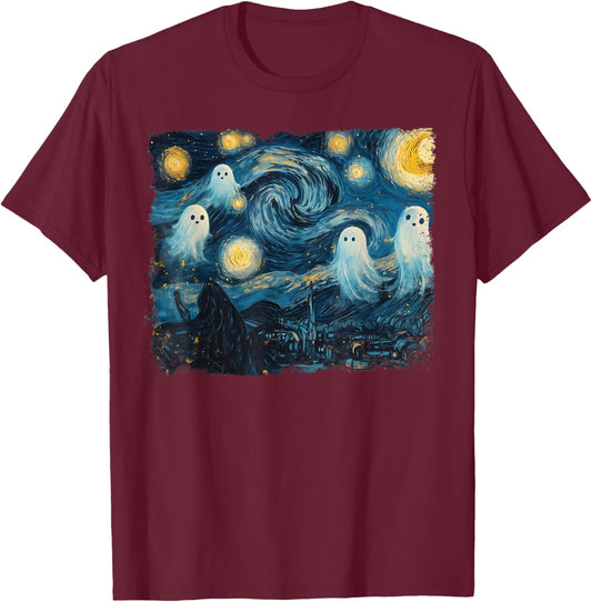 Cute Ghost Starry Night Halloween Spooky Retro Van Gogh Art T-Shirt - T-Shirt | Maroon