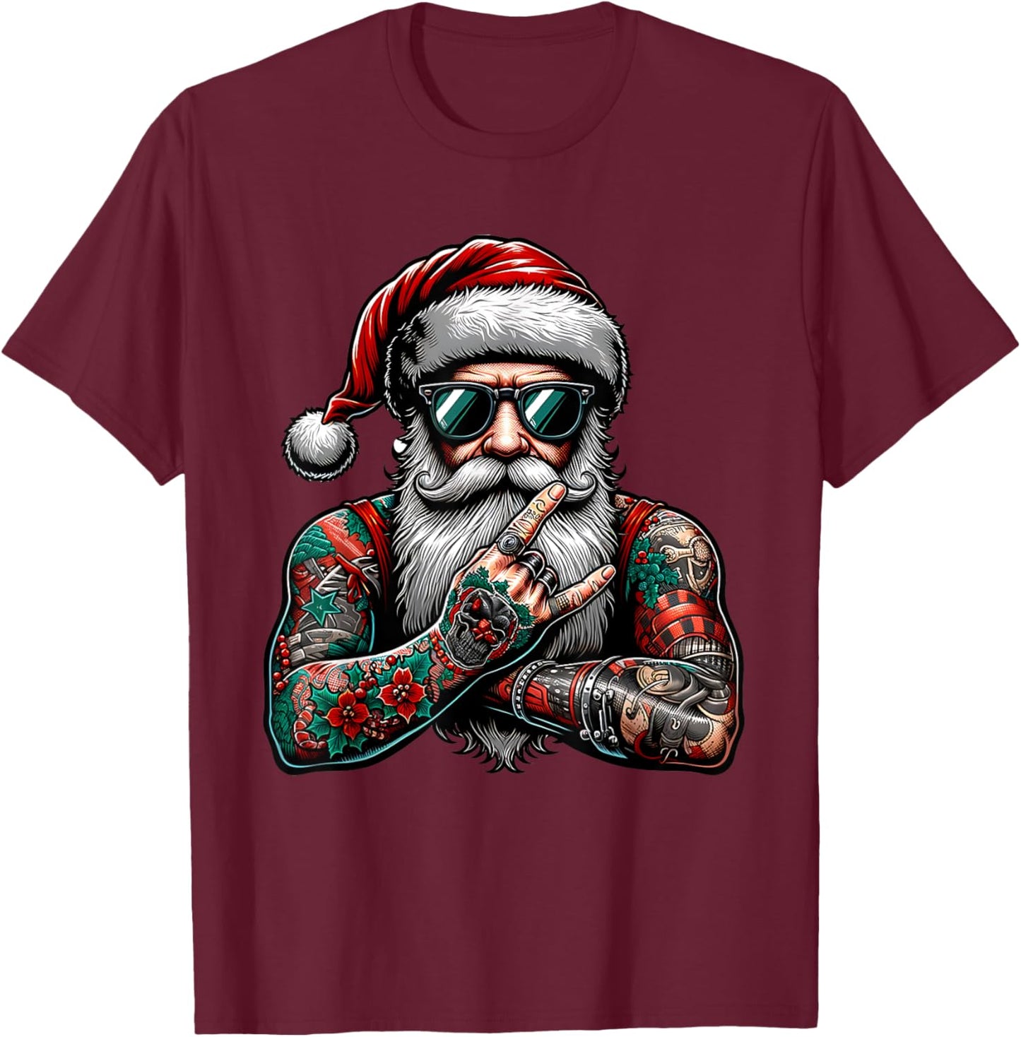 Tattooed Santa Claus inked xmas men & women ugly Christmas T-Shirt - T-Shirt | Maroon