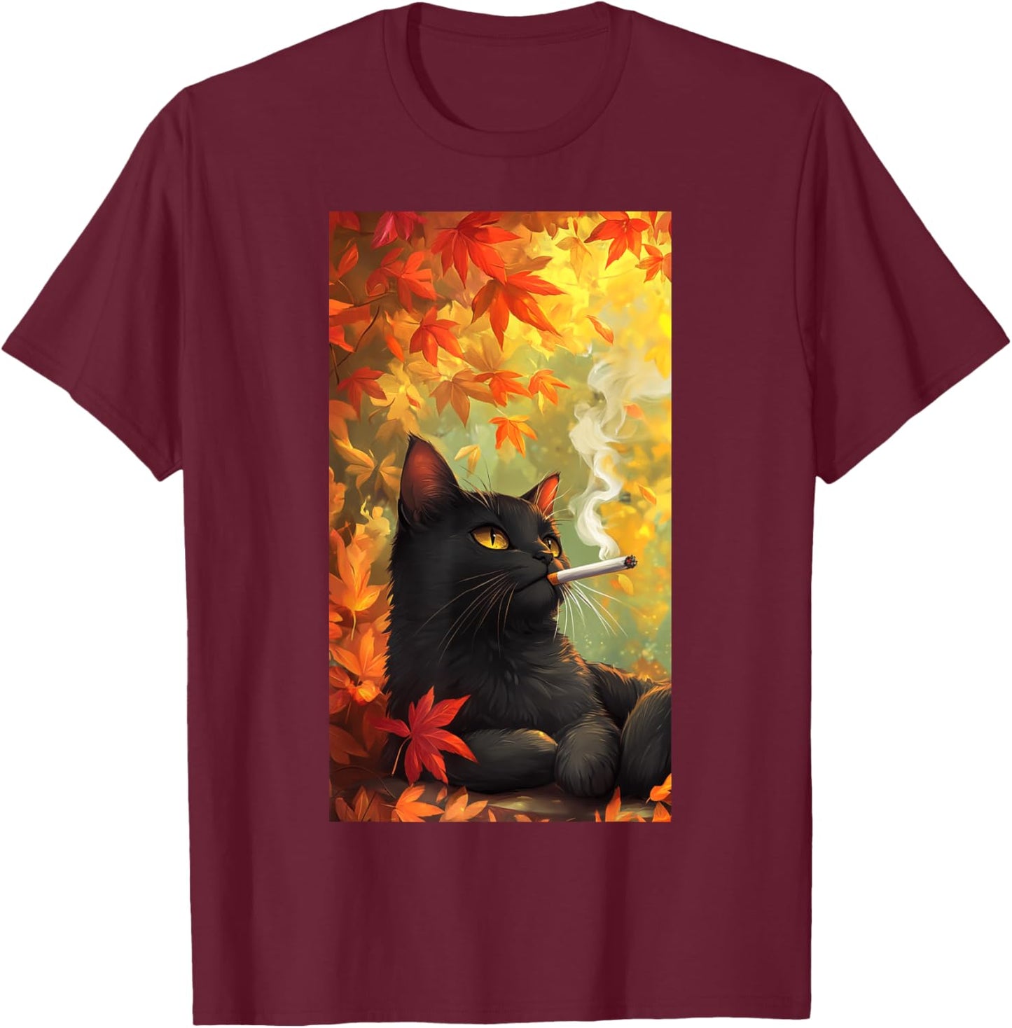 Cat Relaxing Cigarette Autumn leaves Smoking cat Men Women T-Shirt - T-Shirt | Maroon