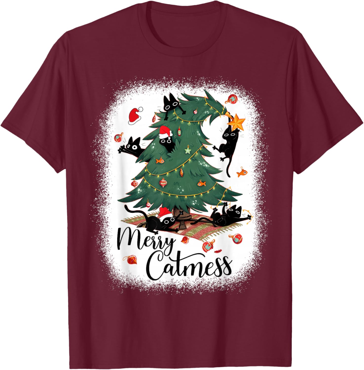 Funny Cats Christmas Tree Merry Catmess Black Cat Kittens T-Shirt - T-Shirt | Maroon