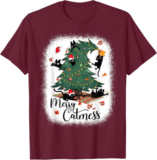 Funny Cats Christmas Tree Merry Catmess Black Cat Kittens T-Shirt - T-Shirt | Maroon