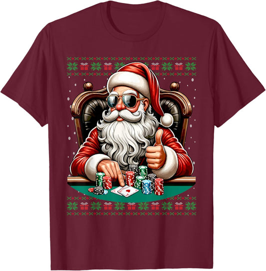 Poker Santa Poker Player Ugly Christmas Sweater T-Shirt - T-Shirt | Maroon