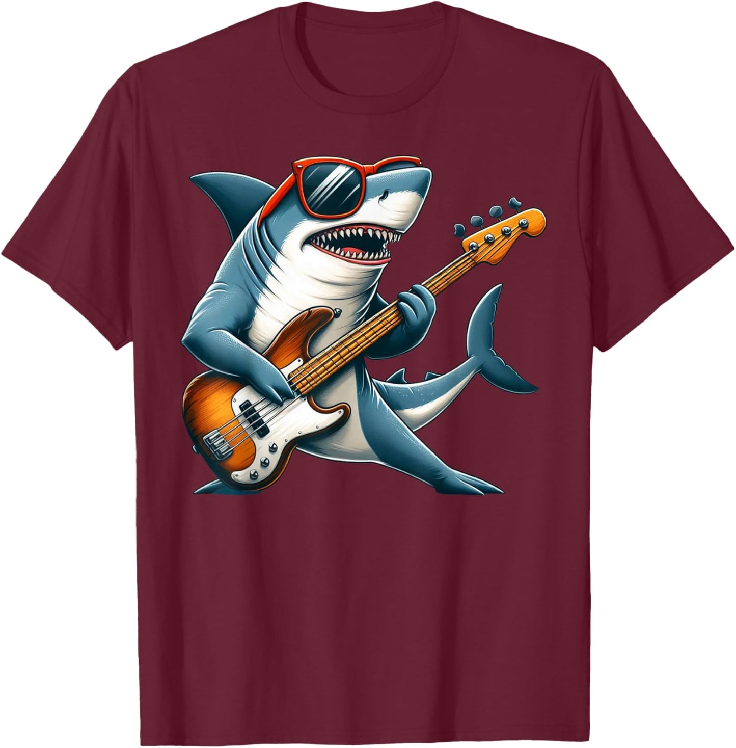 Funny Electric Guitar Lover Graphic Of A Shark Playing Bass T-Shirt - T-Shirt | Maroon