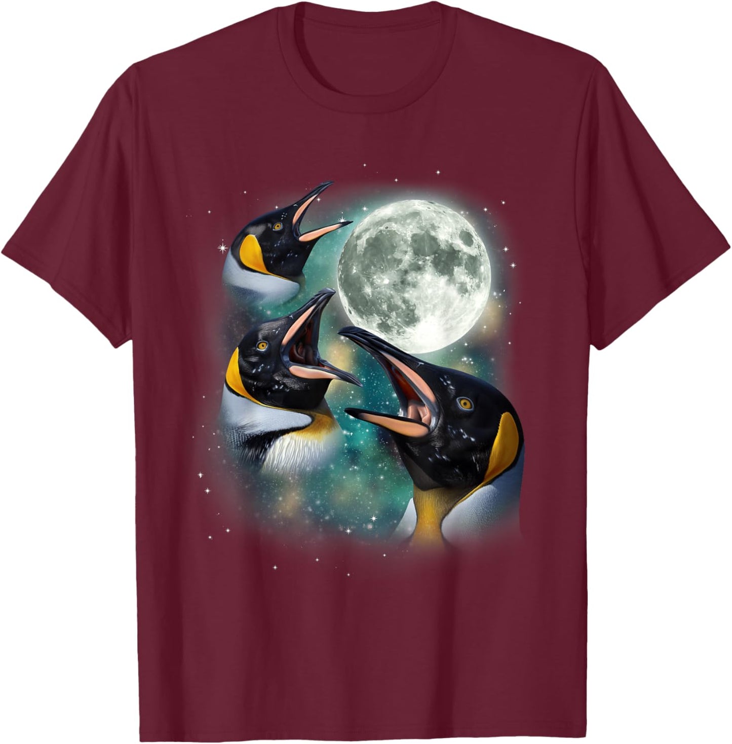 Three Penguin Moon | 3 Funny Antarctic Birds Howling Parody T-Shirt - T-Shirt | Maroon