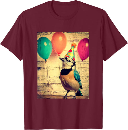 Blue Jay Retro Art Print Birthday Party Balloons & Party Hat T-Shirt - T-Shirt | Maroon